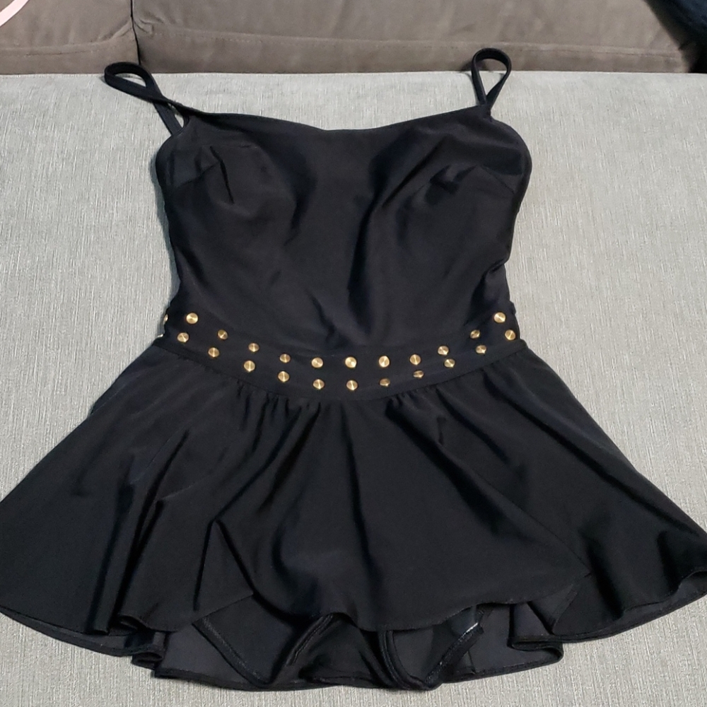 Black Skirted Bathing Suit gold studs Flattering